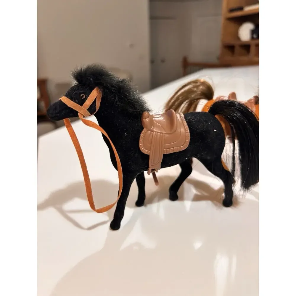 Vintage Small Flocked Plastic Horse Lot Toy Figurine Pony Brown & Black 4.75”